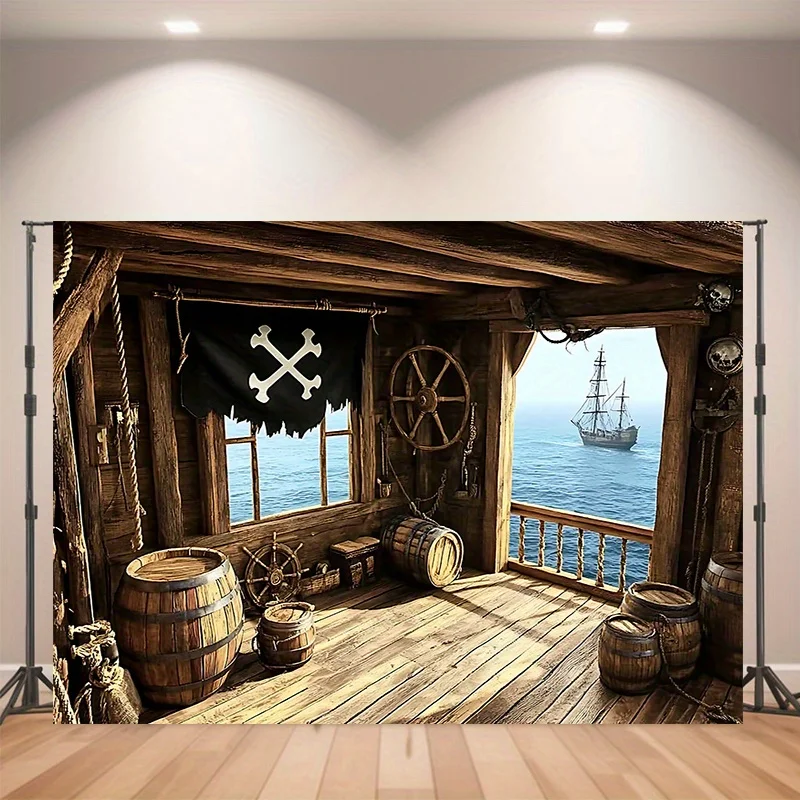 1 Stück Piratenschiff-Kabinen-Polyester-Banner – Holzinnenraum mit Segel, Eimer, Totenkopf-Flagge – perfekt für Raum- und Partydekoration