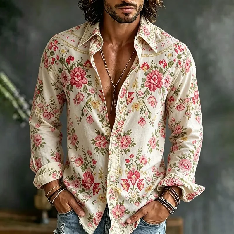 Men's Beige Flower and Bird Shirt, Chinese Zen Art, Loose Fit, Daily Leisure Vacation Shirt