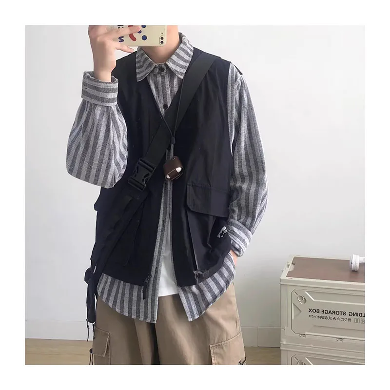 Spring Casual Sets Men Vintage Vest Patchwork Striped Shirts+Wide-legged Baggy Cargo Pants Fake Two Long-sleeved Tops Male Suit