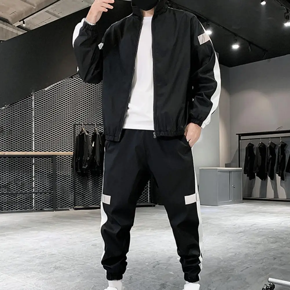 Sportswear Suit Breathable Men Zipper Closure Coat Elastic Waist Pants Set Beam Feet Comfortable Men Tracksuit for Fitness