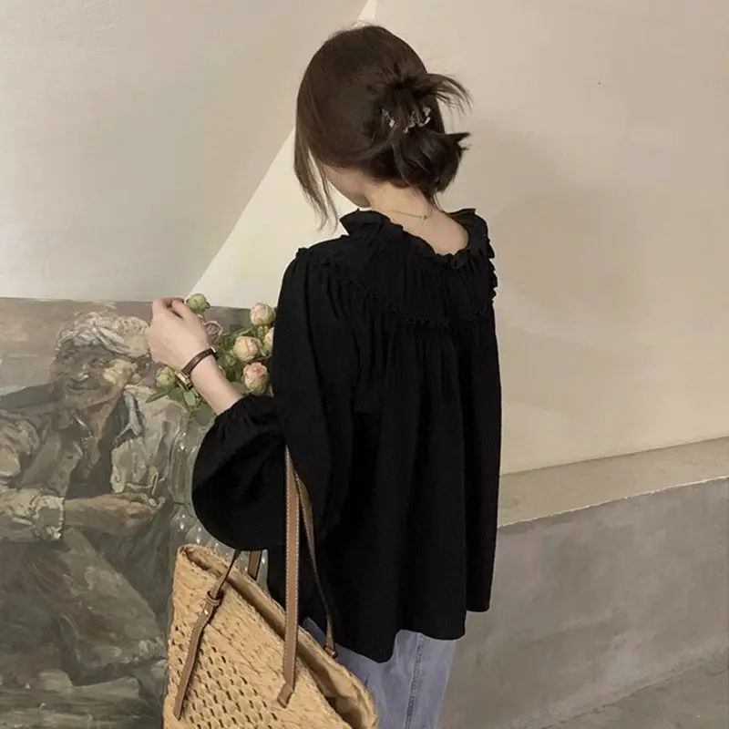 French Retro Long Sleeved Shirt Women\'s Spring Outfit New Design Niche Pleated Loose and Fashionable Top Super Fairy