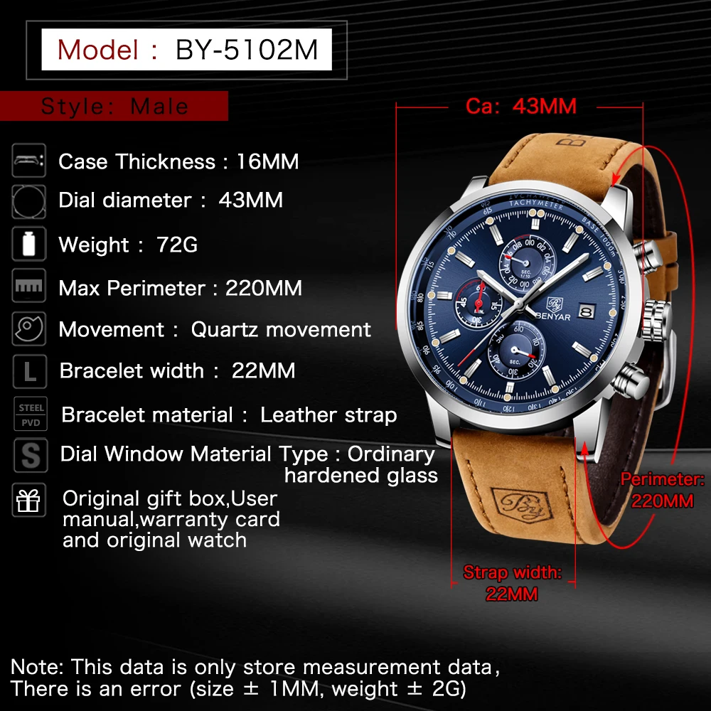 BENYAR Watches Men Luxury Brand Quartz Watch Fashion Chronograph Watch Reloj Hombre Sport Clock Male Hour Relogio Masculino 2023