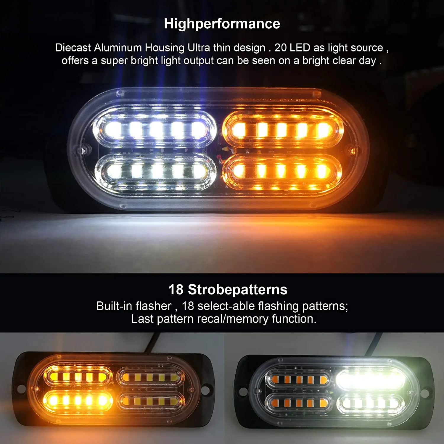 4Pcs 20-LED Emergency Strobe Lights Grill Beacon Flashing Lights Bar for Car Truck Van SUV ATV Surface Mount Amber/White