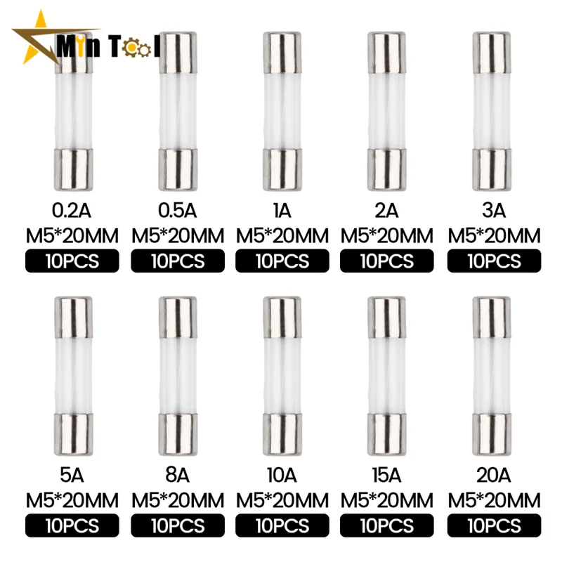 100 PCS Blow Glass Fuse Box Kit 5x20 250V For Circuit Current Protection 5*2 0mm0.2/0.5/1/2/3/4/5/6/7/8/10/15/20/25 Power Supply