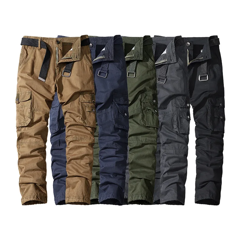 New casual pants men\'s cotton loose straight leg multi-pocket cargo pants men\'s multi-pocket trousers