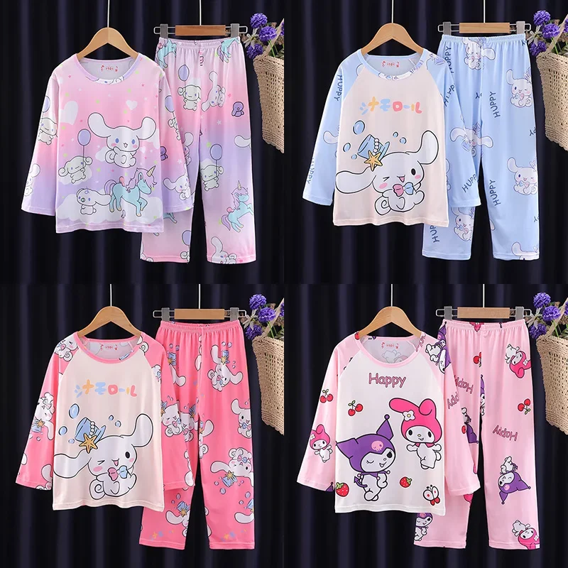 Kawaii Sanrios Kuromi Cinnamoroll Pochacco Children Milk Silk Pajamas Sets Anime Girl Boy Sleepwear Autumn Kids Homewear Clothes