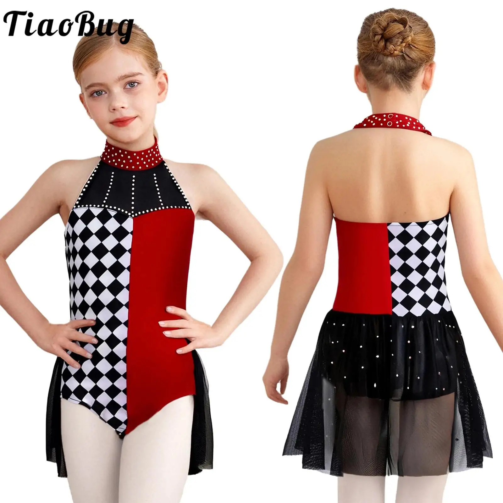 

Girls Clown Costume Festival Circus Fancy Dress Up Color Block Leotards Sleeveless Overlay Dress for Halloween Themed Party