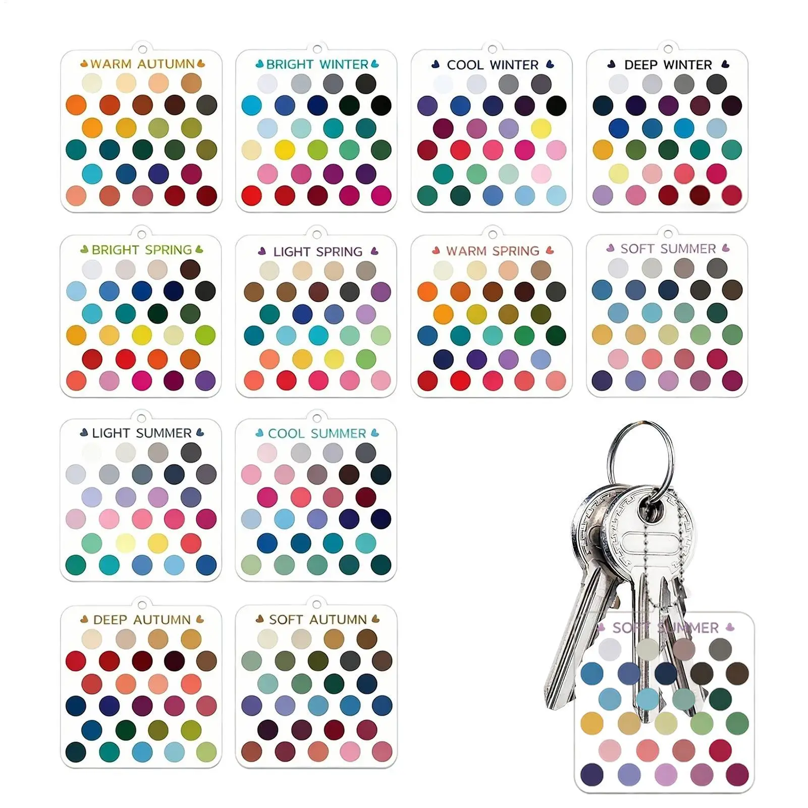12pcs Clear Acrylic Seasonal Color Analysis Cards Personal Color Guide Keychain Palette For Makeup Outfit Matching Stylist Tool