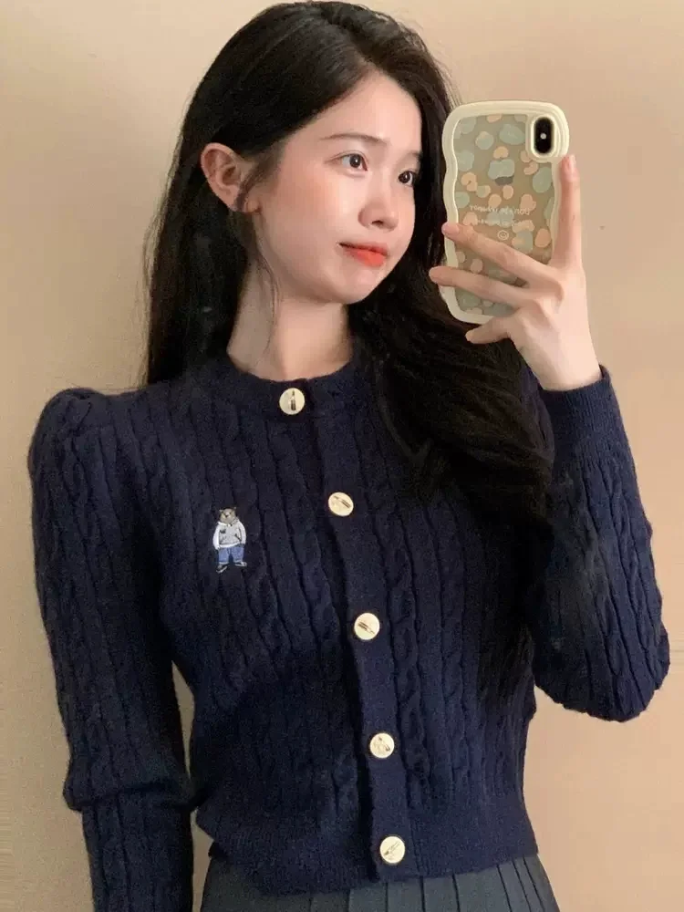 plus Size Bear Knitted Cardigan Women's Slim Fit Shoulder Baring Outerwear Spring Autumn Winter High End Gentle Style Sweater