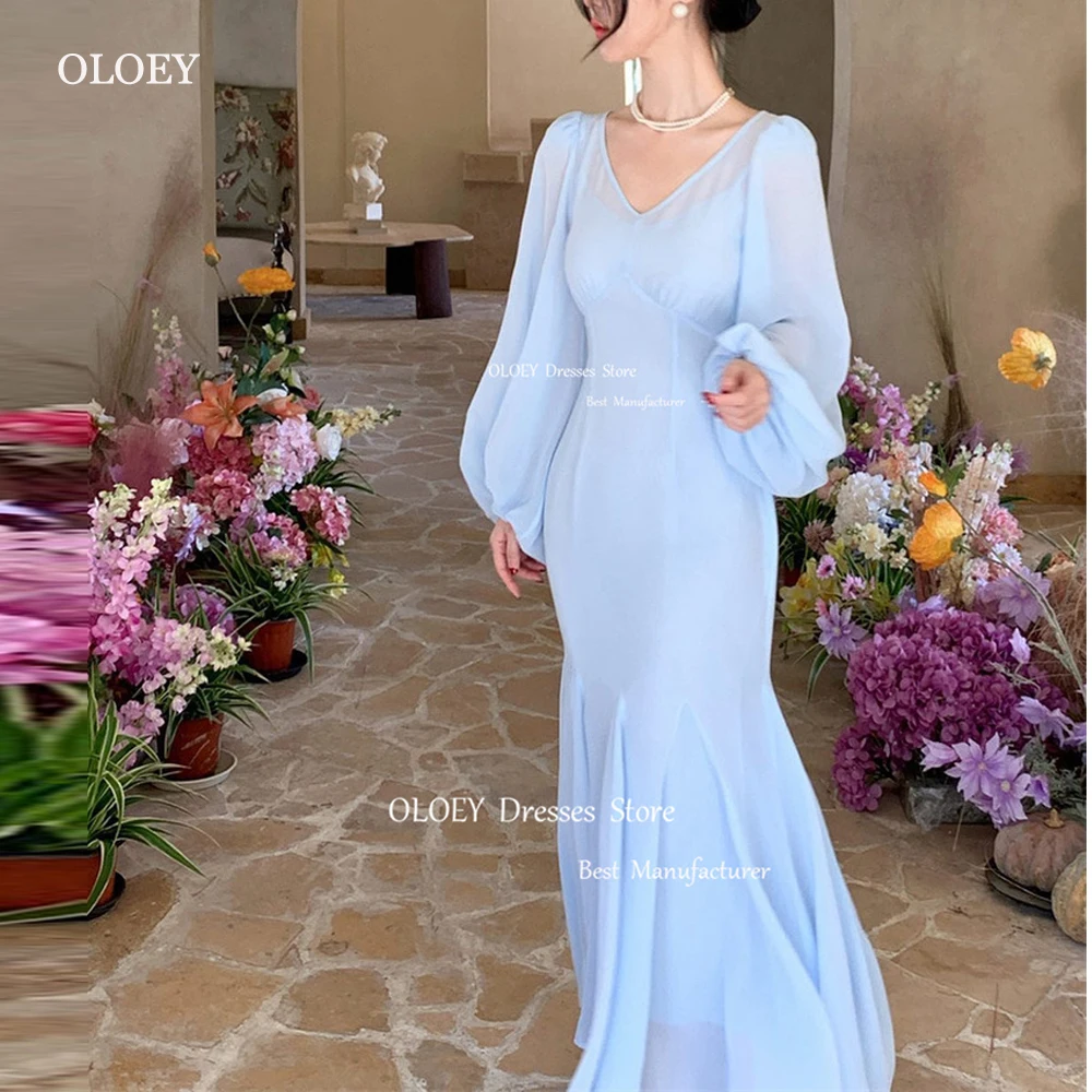 

OLOEY Simple Light Blue Mermaid Evening Dresses Korea Photoshoot Wedding Dresses Puff Long Sleeves Fairy Formal Occasion Party