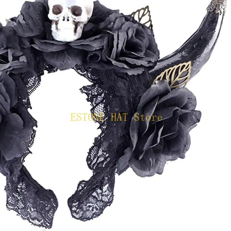 49MF Cerchietto per capelli con corno pecora e teschio Halloween Cerchietto per capelli della Regina cattiva Costume per