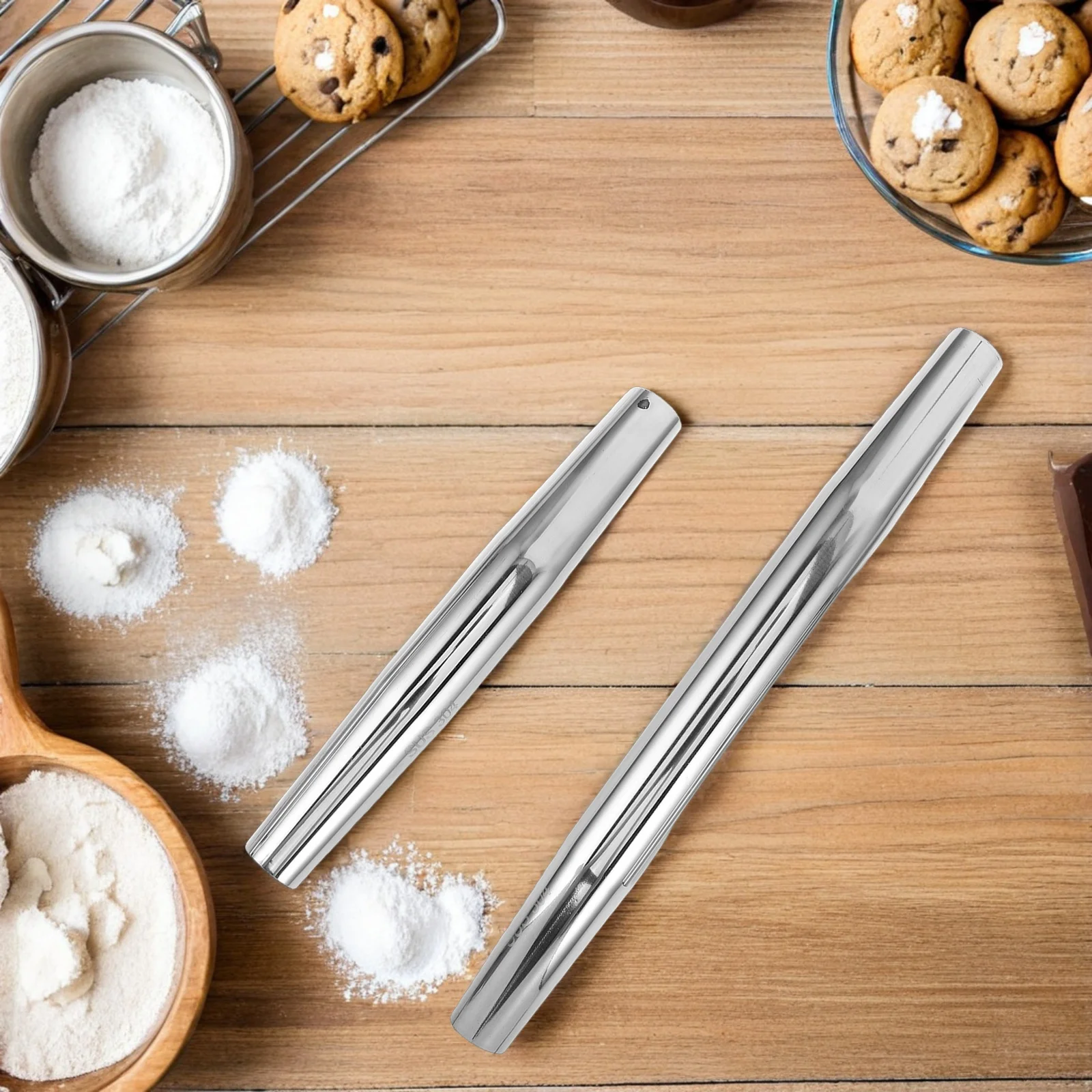 

2Pcs Stainless Steel Dough Rolling Pin Non Stick Kitchen Roller for Pizza Dumplings Cookies Fondant Baking Bread Tools