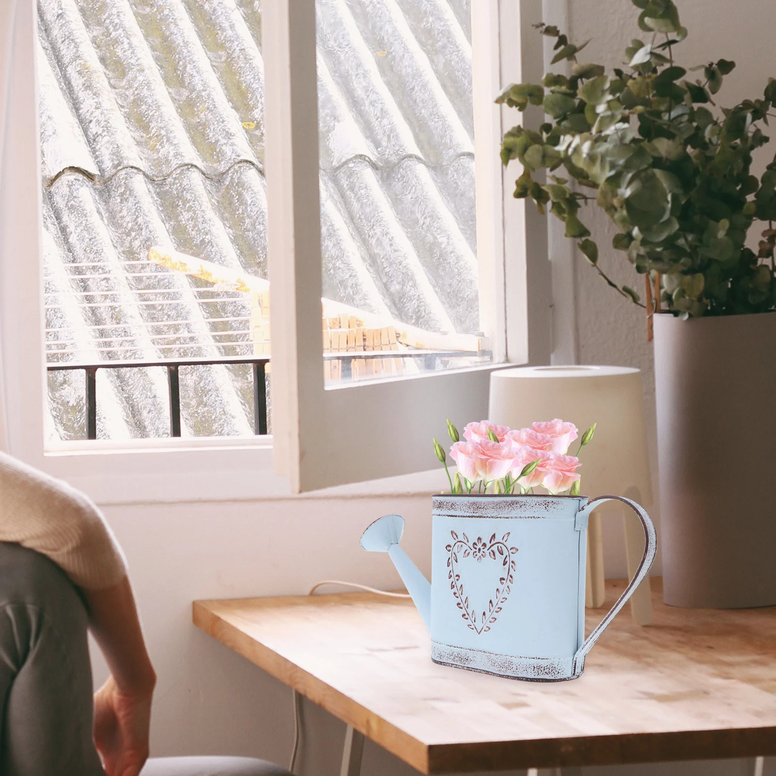 Vaso da fiori di grandi dimensioni con foglie quadrate, modello vintage, annaffiatoio, fioriera, strumento rustico, materiale in ferro resistente