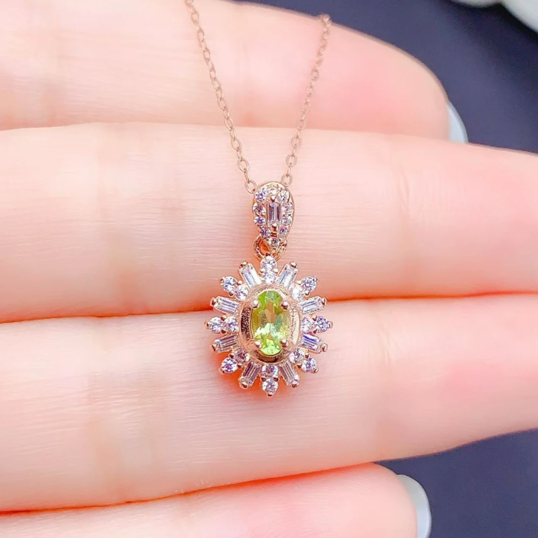 Sparkling 925 Silver Pendant with Crystal 3x5mm Natural Peridot Pendant with Certificate 18K Gold Plated Silver Peridot Jewelry