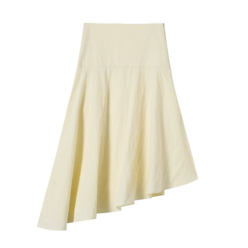 YENKYE Commuting Style Pleated Design Asymmetric Skirt Women A Line Flowy Office Vacation Midi Skirt Summer Bottom