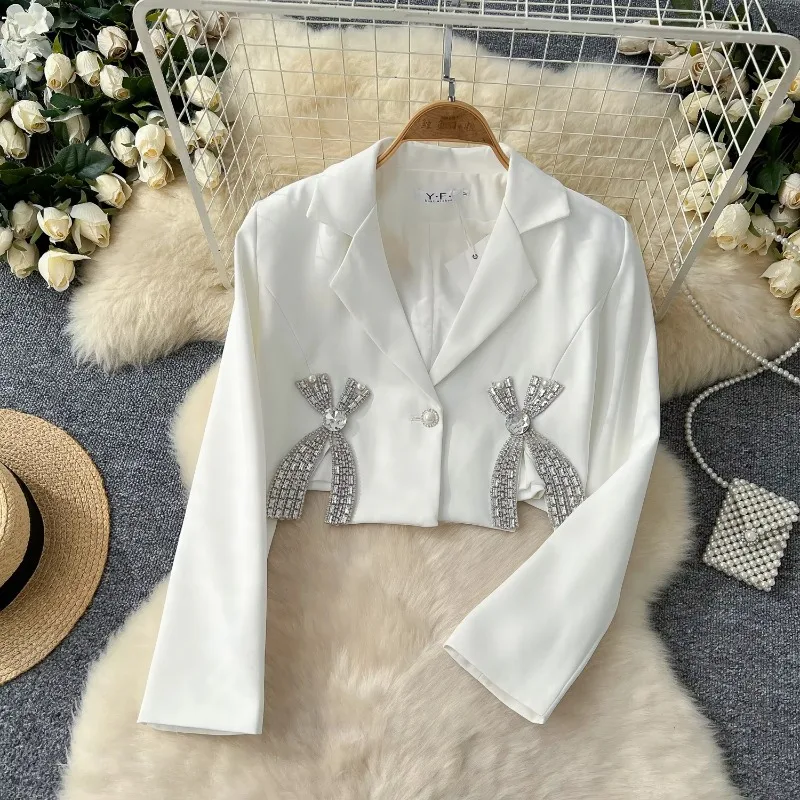 Chic Turn-down Collar Basics Long Sleeve Elegant Rhinestone Butterfly Loose Coat French Streetwear High Street Autumn Winter Top