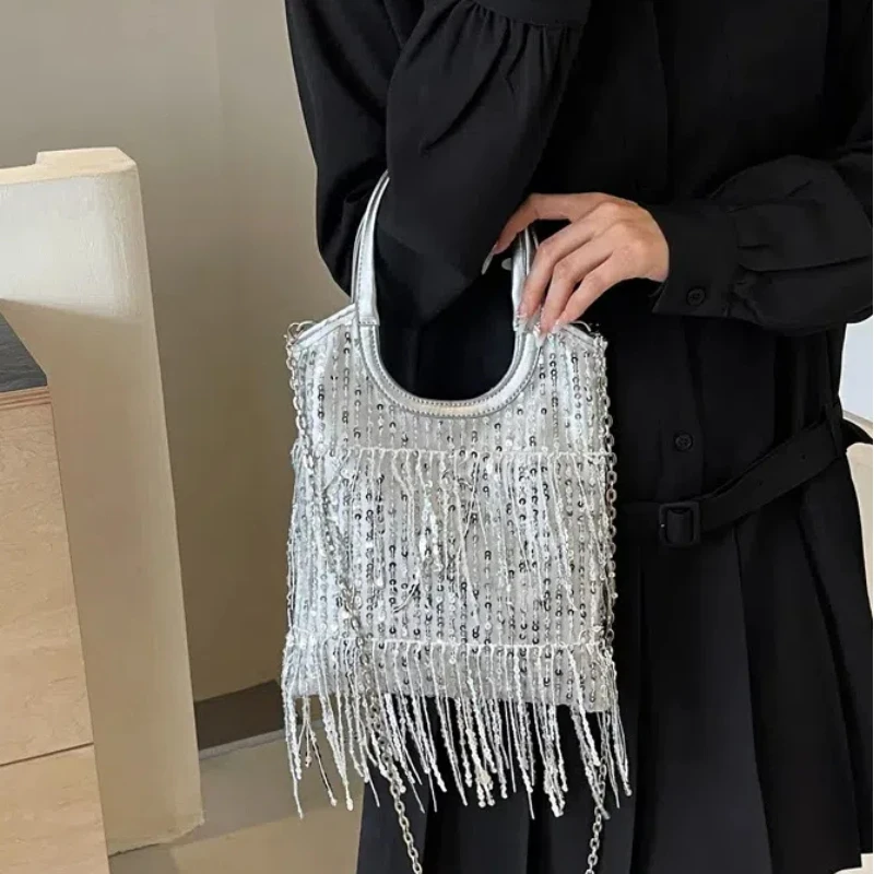 

Tassel Handbags for Women 2024 trend Sequin Underarm Shoulder Bag Ladies Commuter Fashion Luxury Large Capacity Bucket Tote Bag