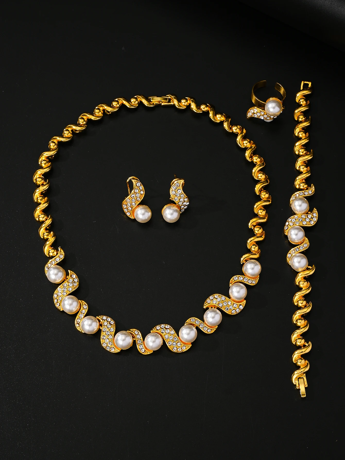 African Fashion Jewelry Set Luxury Women's Earrings Pearl Bracelet Wedding Bridal Necklace Ring Accessories Gift