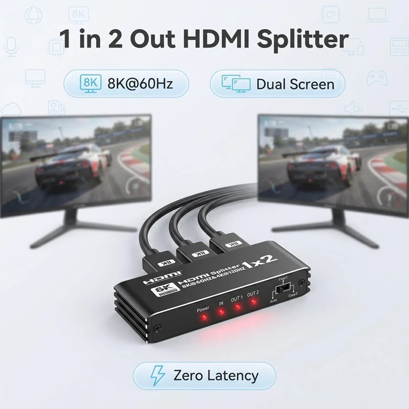8K 1 To 2 Splitter 1 IN 2 Out Dual Display 1X2 HDMI Splitter 8K60hz 4K120hz 1080P240hz Video Distributor for PS5 PC Laptop To TV