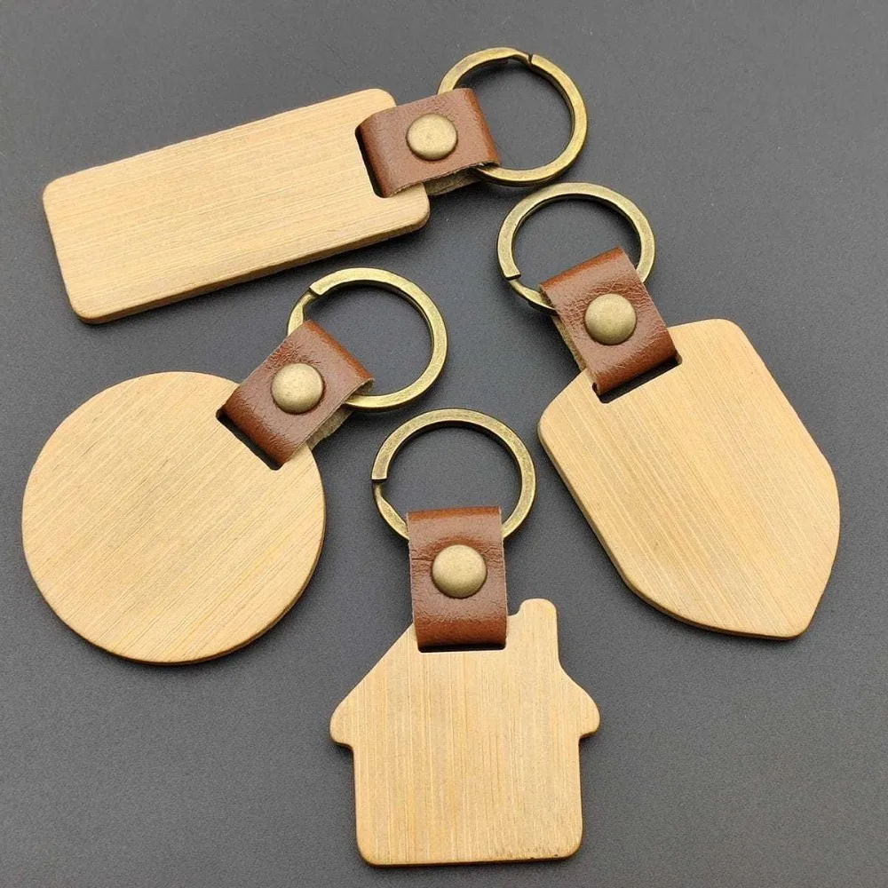 

Factory Direct Sales Solid Wood Wooden Keychain Keychain Bamboo Buckle Rectangular Round House Shape Shield Custom Wholesale