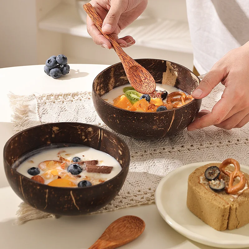 1/5PCS Coconut Bowl Wooden Spoon Set Smoothie Kitchen Tableware Dessert Fruit Salad Mixing Rice Ramen Natural Coconut Bowls