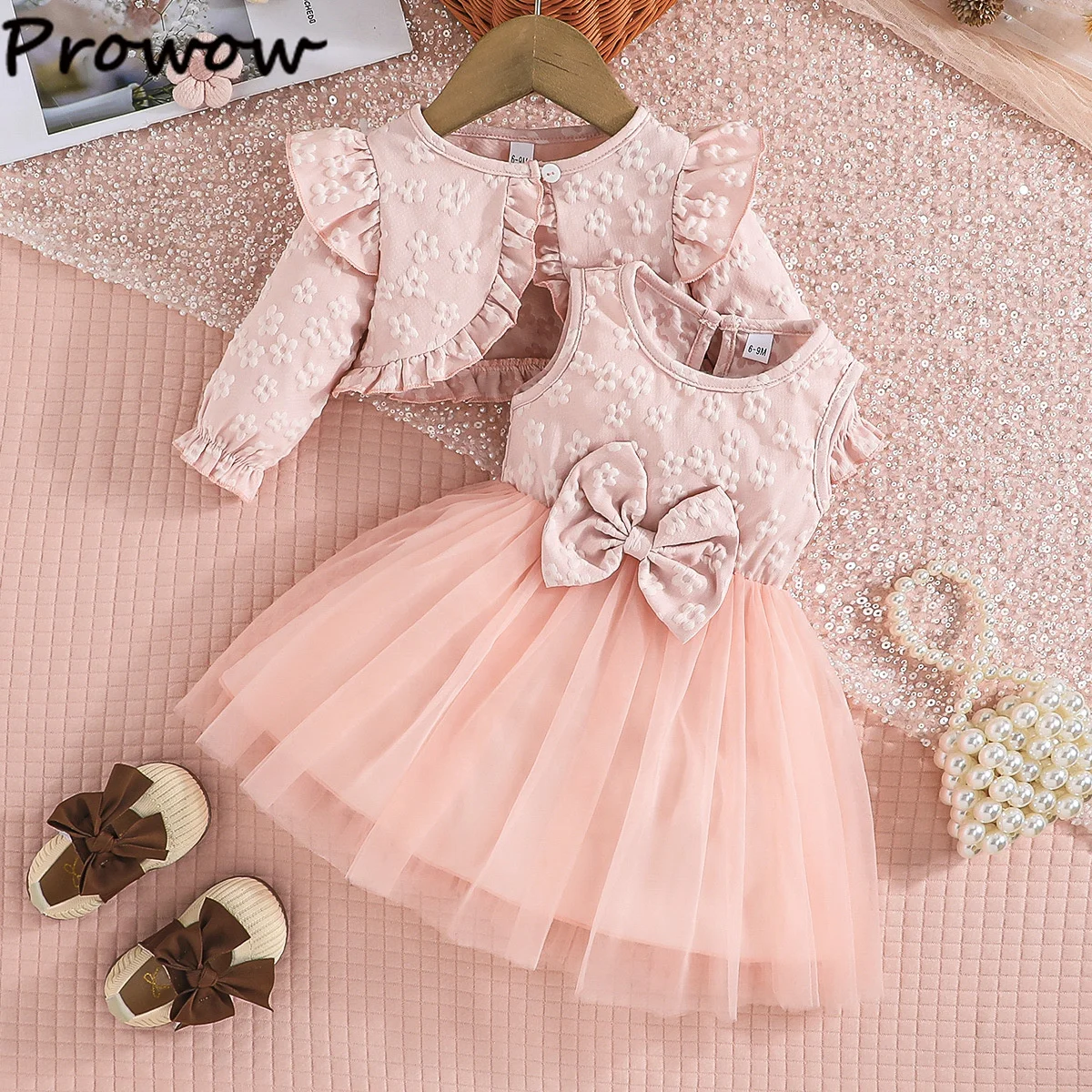 

Clearance Low Price Baby Dresses With Coat Sets Pink Jacquard Cardigan+Tank Mesh Tulle Dress For Newborns 12-18 Months Clothes