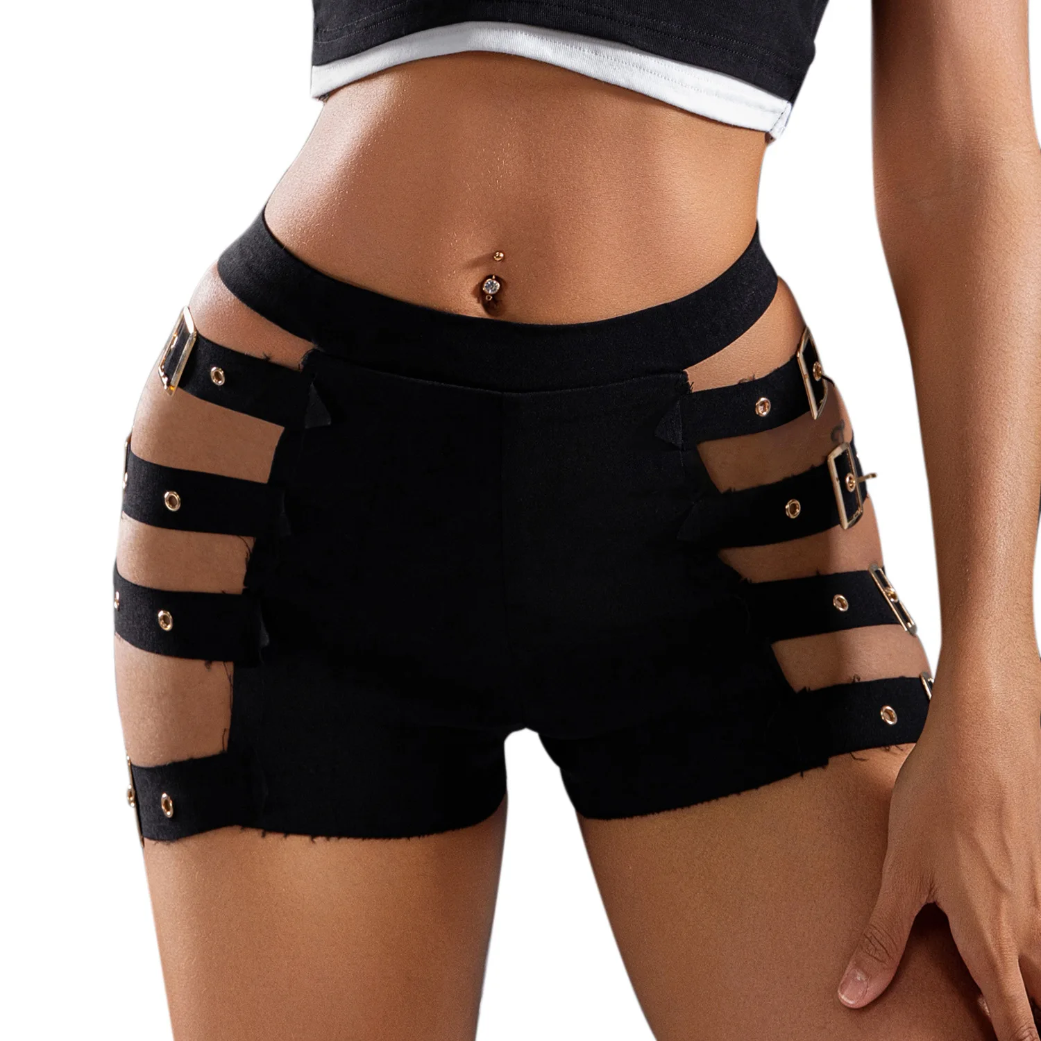 กางเกงขาสั้นเอวสูงผูกเชือกเว้าข้างสำหรับผู้หญิง ช่วยกระชับสัดส่วน ยกสะโพก เหมาะสำหรับใส่ไปไนต์คลับ แฟชั่นเซ็กซี่ สีดำ/ขาว