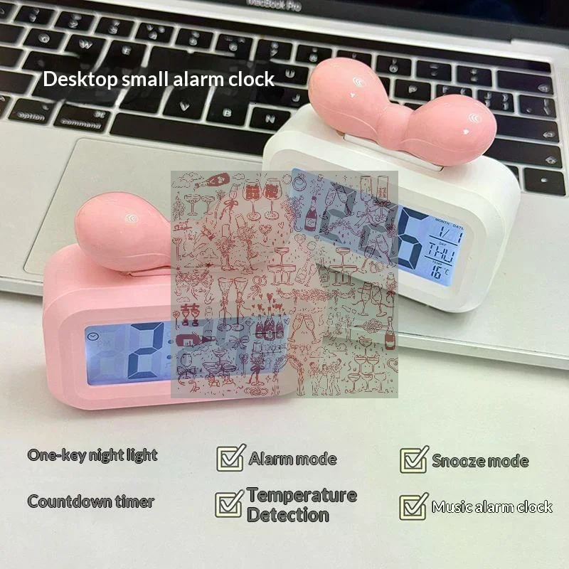 LED Digital Clock Bowknot Temperature Detection Alarm Clock Cute Gift With Night Light Mini Desktop