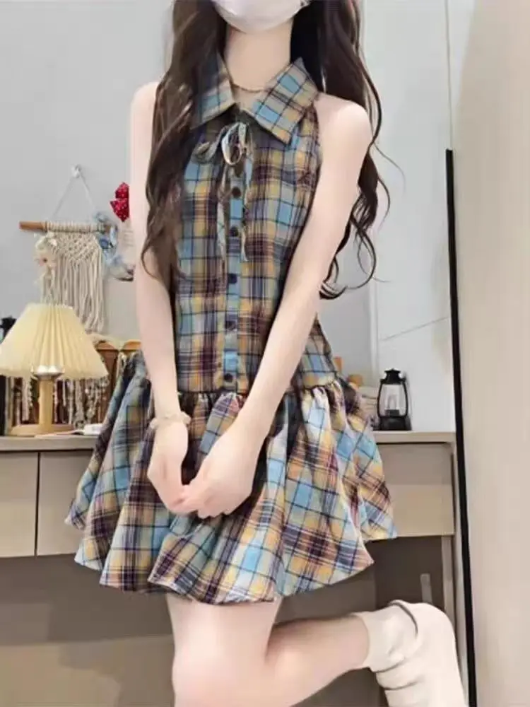 Summer Sweet School Style Floral Slimming Dress Short Skirt Grey Button up Cardigan Two Piece Set Women's Fashion Ensemble