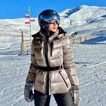Mode gewatteerde parka met capuchon en riem Dames Slanke opstaande kraag Zakjas met volledige mouw Winter Dame Dikker warm ski-jack