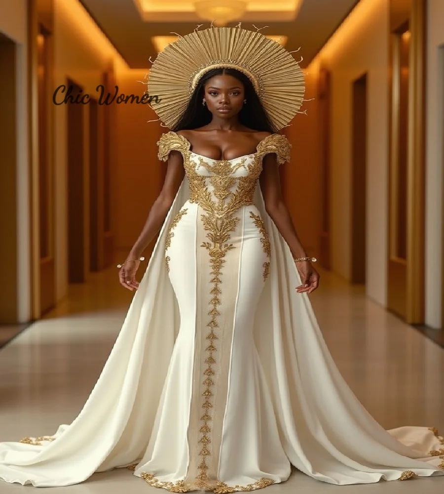 Glamorous Ivory With Gold Mermaid Wedding Dress With Cape Elegant African Nigeria Egyptian Bride Dress 2025 Lace  Customized