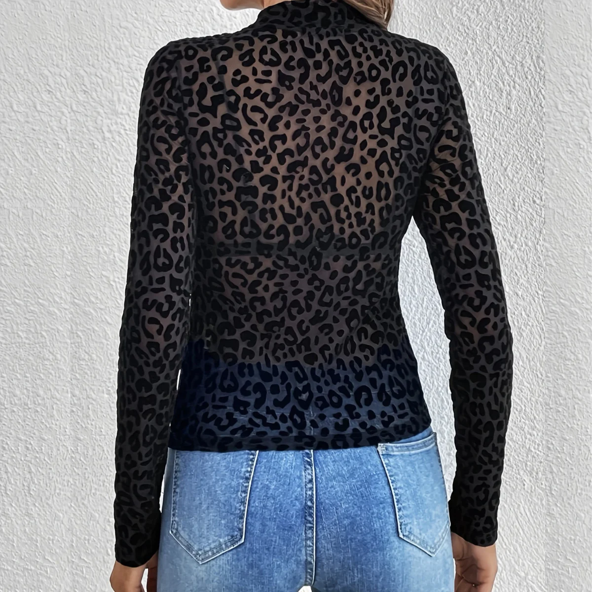 Leopard Print Mesh Tops for Sexy Women Fashion See Through Long Sleeve T-shirt Clothes Clubwear Gauze Round Neck Blouse Tank Top