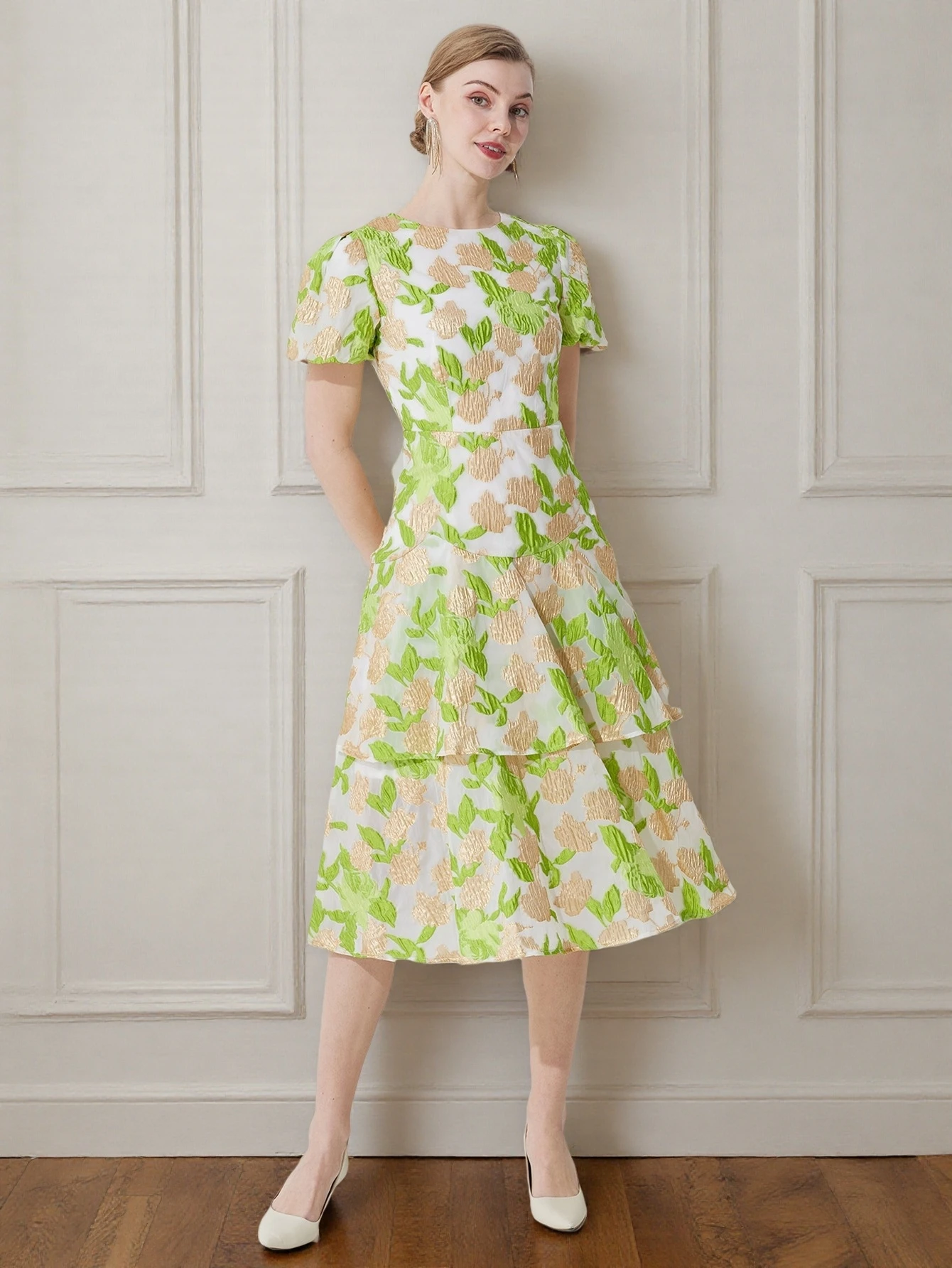 

DEVCHATA Роскошное женское жаккардовое вечернее платье из органзы с пышными рукавами миди трапециевидной формы женское вечернее свадебное платье