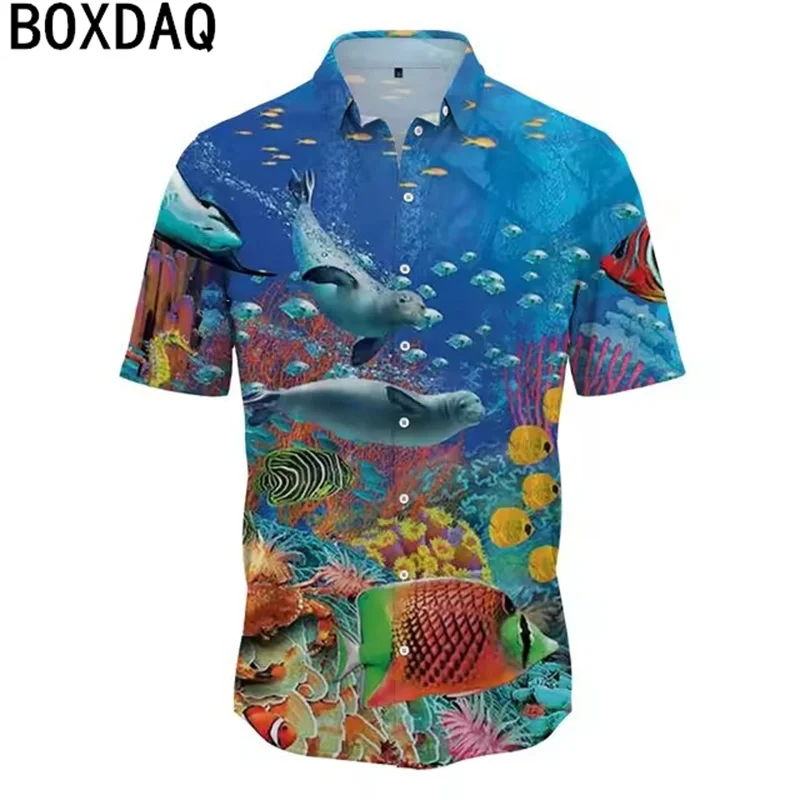 

3D Funny Beach Marine Animal Printed T-shirt Men Short Sleeved Lapel Casual Shirt Big Szie Men Summer Beach Vacation Style Shirt