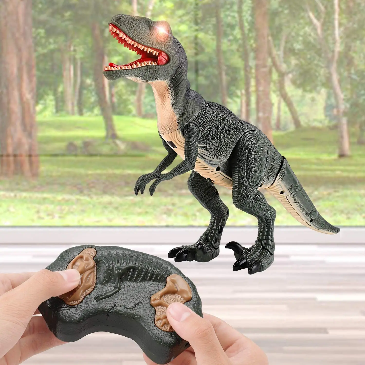 Remote Control R/C Walking Dinosaur Toy with Shaking Head, Light Up Eyes & Sounds (Velociraptor), Gift for kids