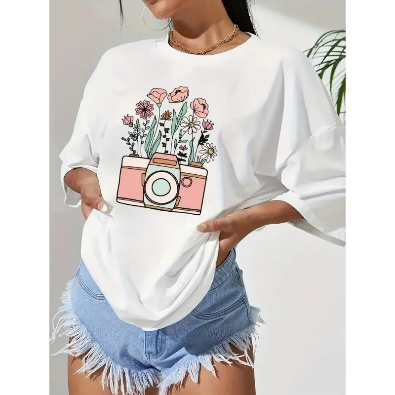 Printed Women Tshirts Loose Oversized T-Shirt Flowers in The Camera Breathable Fashion Clothes Hip Hop Casual Women'S T-Shirts