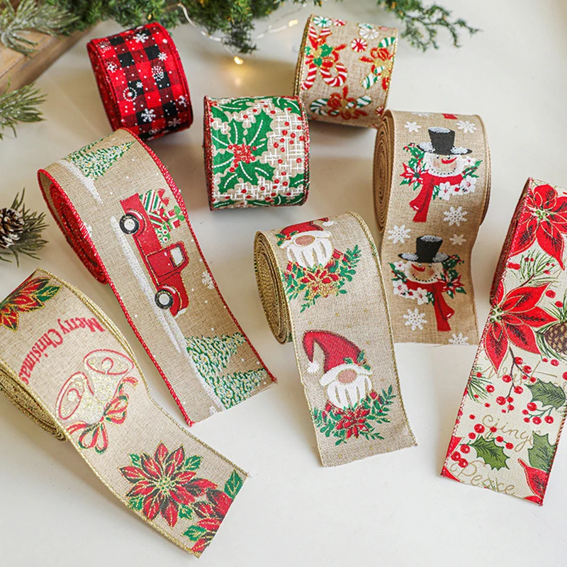 2M Linen Christmas Ribbon Wrapping Gift Christmas Tree Ribbon DIY Wreath Bows Snowman Burlap Rope 2025 Navidad Decoration