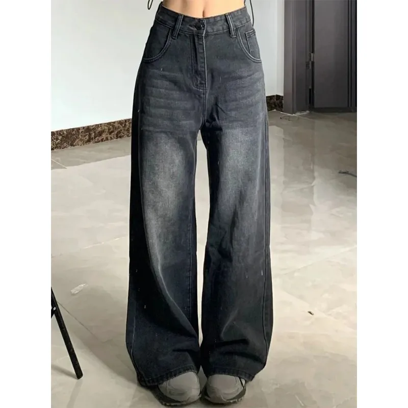 Jeans da donna coreani vintage a vita alta che dimagriscono pantaloni a campana dritti larghi a forma di pera pantaloni in denim larghi grigi neri
