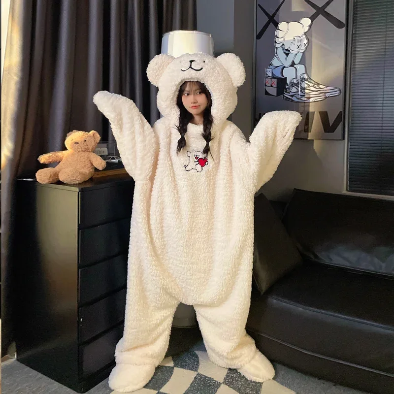 Women Robes bodysuit cartoon Bear Coral Velvet Nightgown Cute Korean Pajamas Hooded Funny Anime Sleepwear Girlfriends Homewear