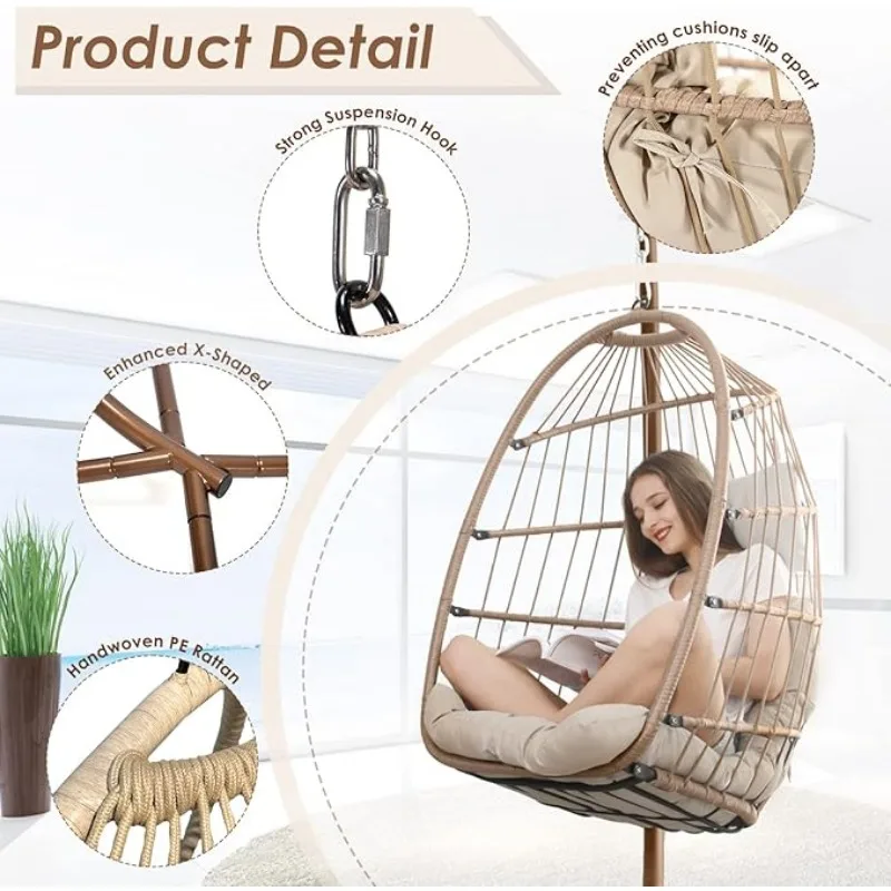 Hanging Egg Chair with Stand Outdoor Swinging Egg Chair with Water Resistant Cushions PE Rattan Wicker Chair Foldable Basket