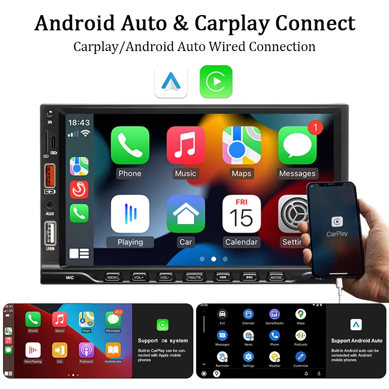 HIPPCRON 7inch Carplay Android Auto 1Din Car Radio MP5 Multimedia Player Touch Screen FM Dual USB Bluetooth USB MirrorLink
