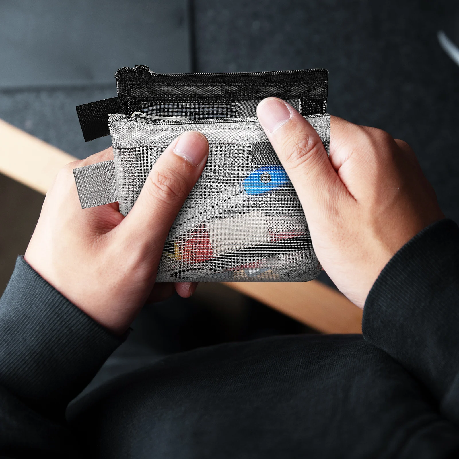 3 Pcs Coin Purse Lightweight Mesh Pouches Black White Gray Zipper Bags for Coins Makeup Bath Accessories Storage