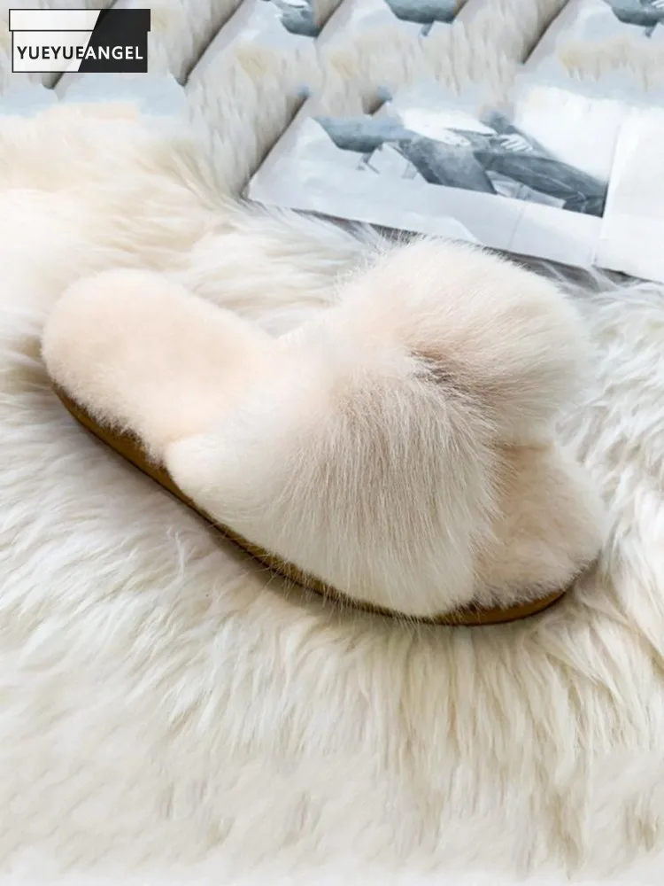 

Outside Elegant Female New Korean Style Bow Wool Shearling Slippers Versatile Wearing Casual Women Fashion Flat Slip On Shoes