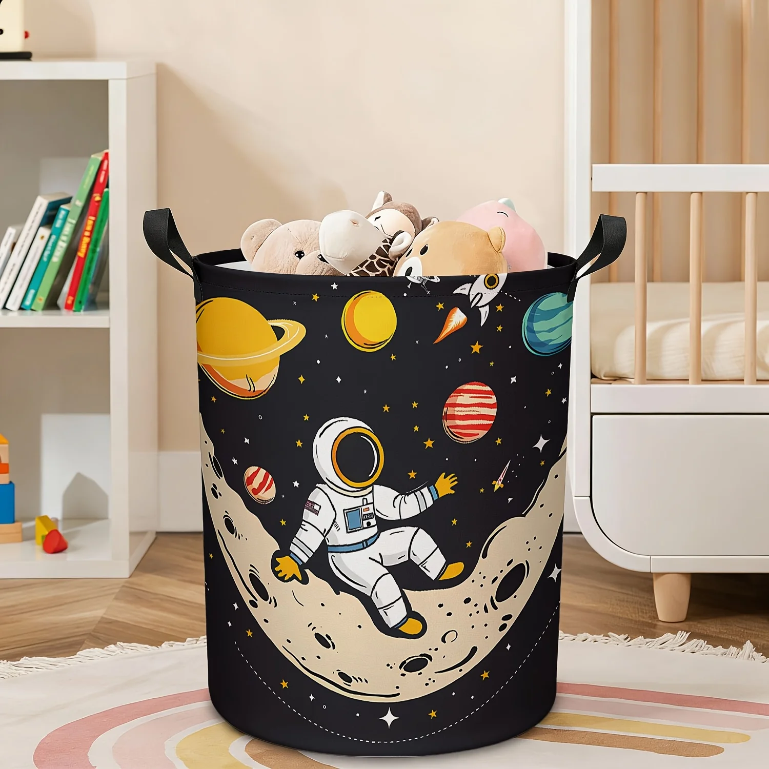 

Корзина для белья в космической тематике, складная, с ручкой для переноски, с изображением космонавтов и планет, органайзер для игрушек, подходит для комнаты и ванной комнаты