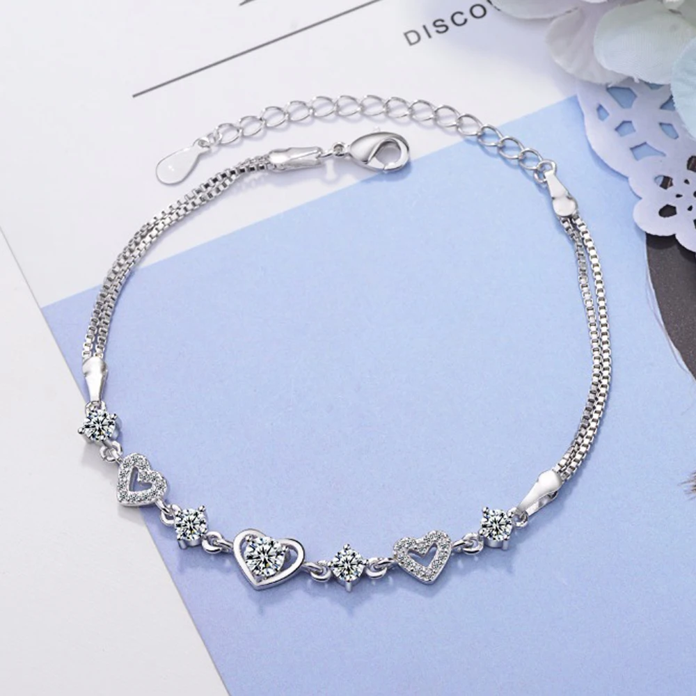 925 Sterling Silver Bracelet Rendy Sweet Style Crystal Fashion Chain Linked For Women Girl Charm Bangle Jewelry Christmas