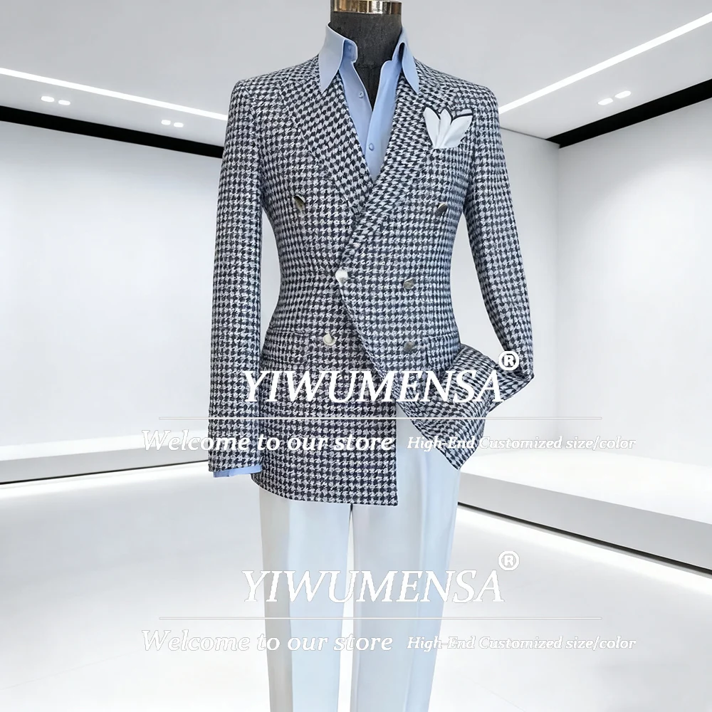 الكلاسيكية houndstooth الدعاوى الرجال 2 قطعة مجموعات مزدوجة الصدر منقوشة الأعمال الحلل مخصص رجل الذكية السببية مساء البدلات الرسمية