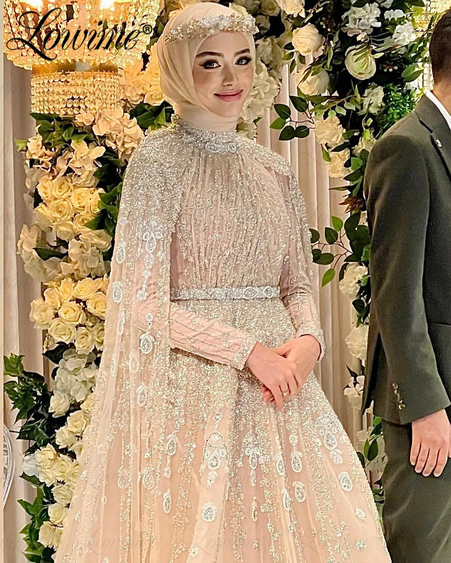 Champagne Beaded Evening Dresses Long Sleeve Cape Muslim Middle East Women Party Second Reception Dress A Line Prom Gowns Robe