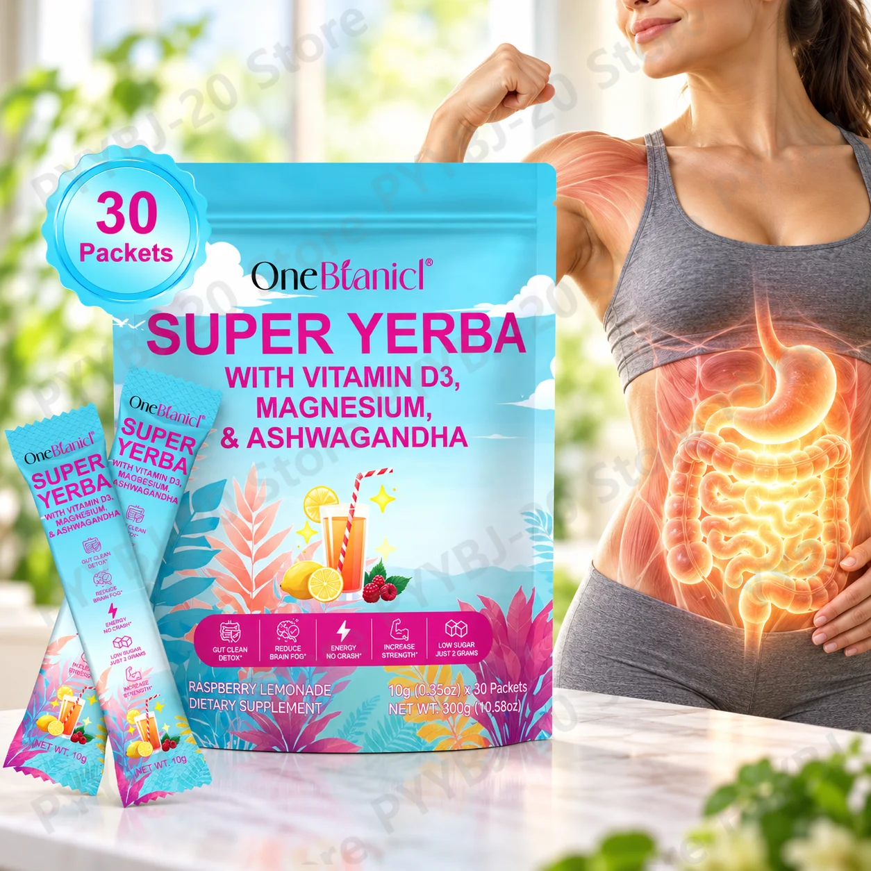 OneBtanicl Intestinal Digestion Powder Promote Digestive Health Maintain Muscle Strength with Mane Magnesium Ashwagandha 30ct
