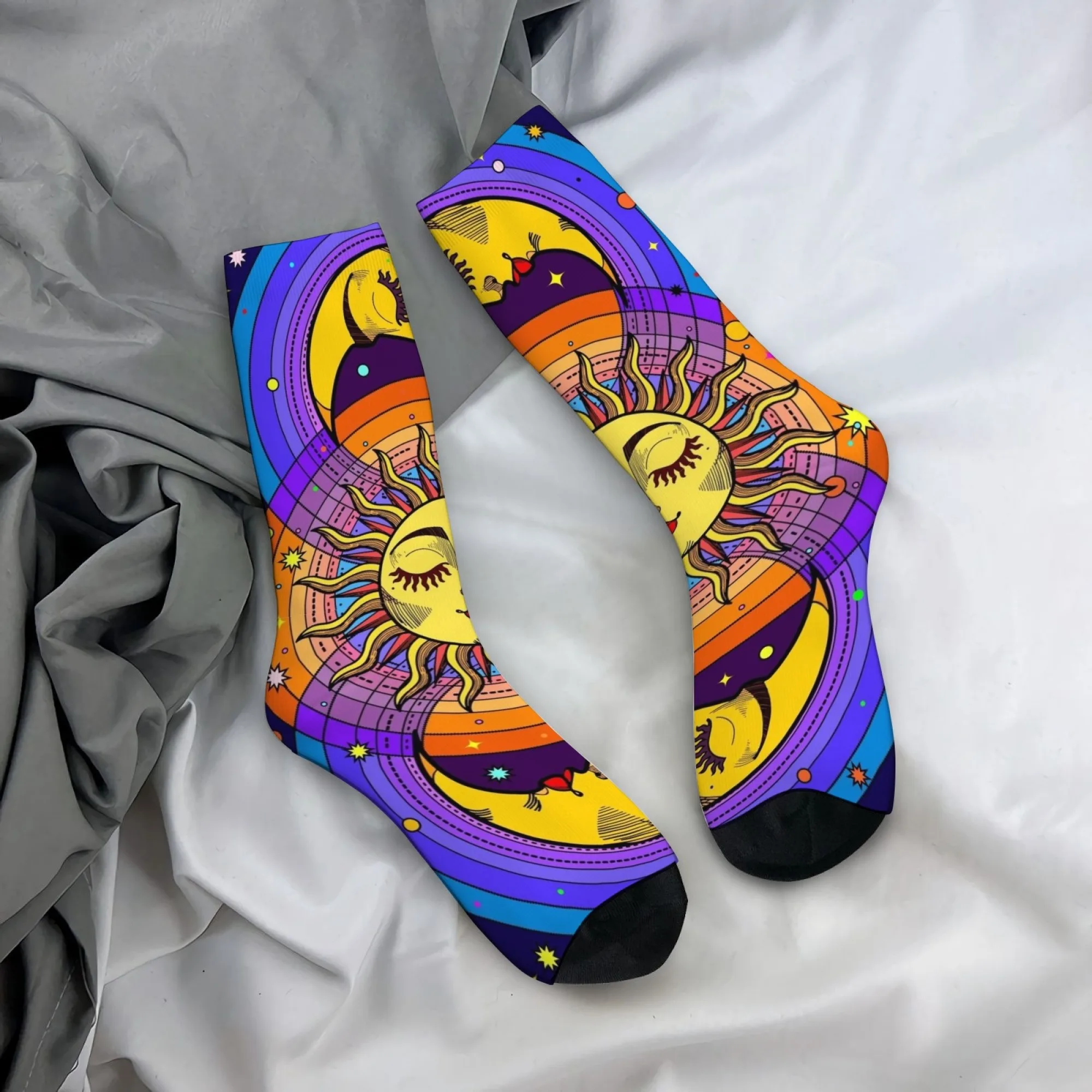 Fantasy Sun Moon Starry Sky Men Socks Vibrant Color Gradient Healing Style Streetwear Style Soft Comfortable Trendy Socks