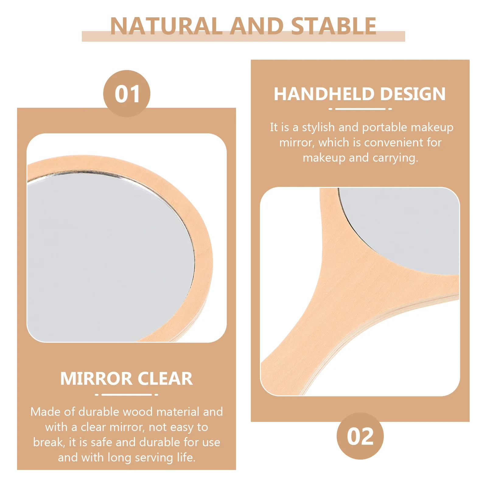 مرآة خشبية دائرية عصرية محمولة باليد وخفيفة الوزن مع سطح شفاف كريستالي مثالية كهدية للنساء والاستخدام اليومي
